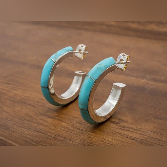 ❤️ TURQUESA HOOP STERLING SILVER EARRINGS - Picture 1 of 7